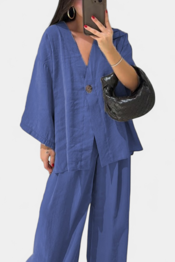 Eli Oversize V-Neck Top with Straight Trousers Set