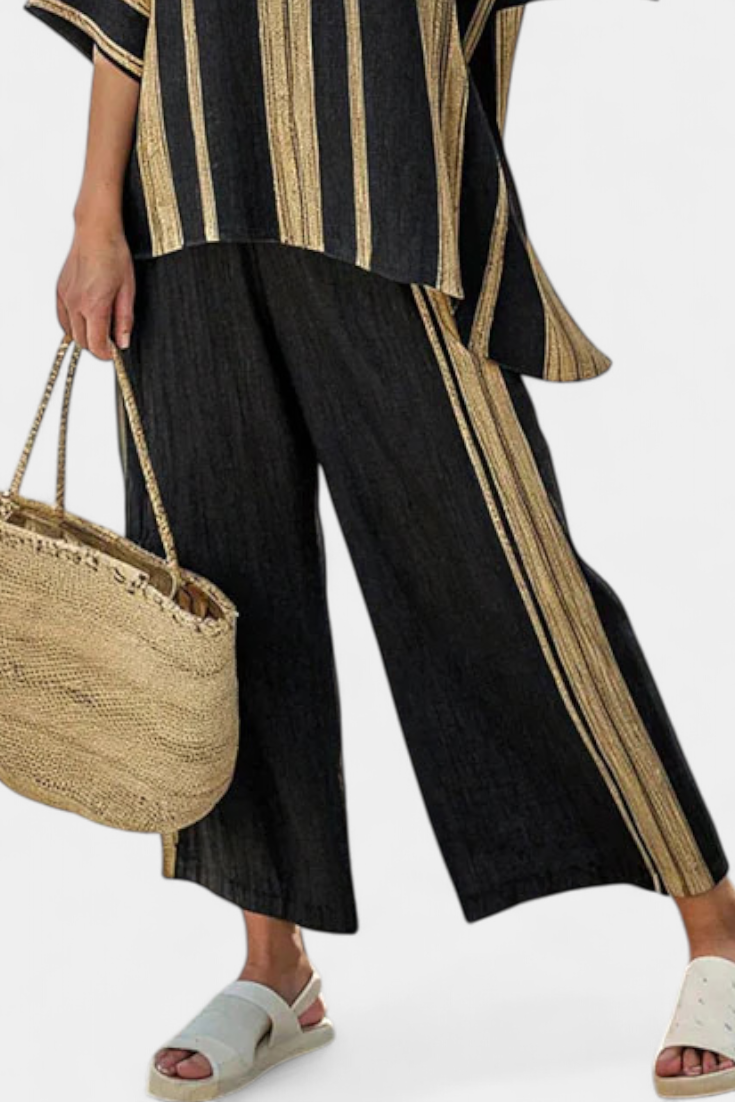 Isa™ | Confortable top rayé surdimensionné et pantalon large jambe en lin