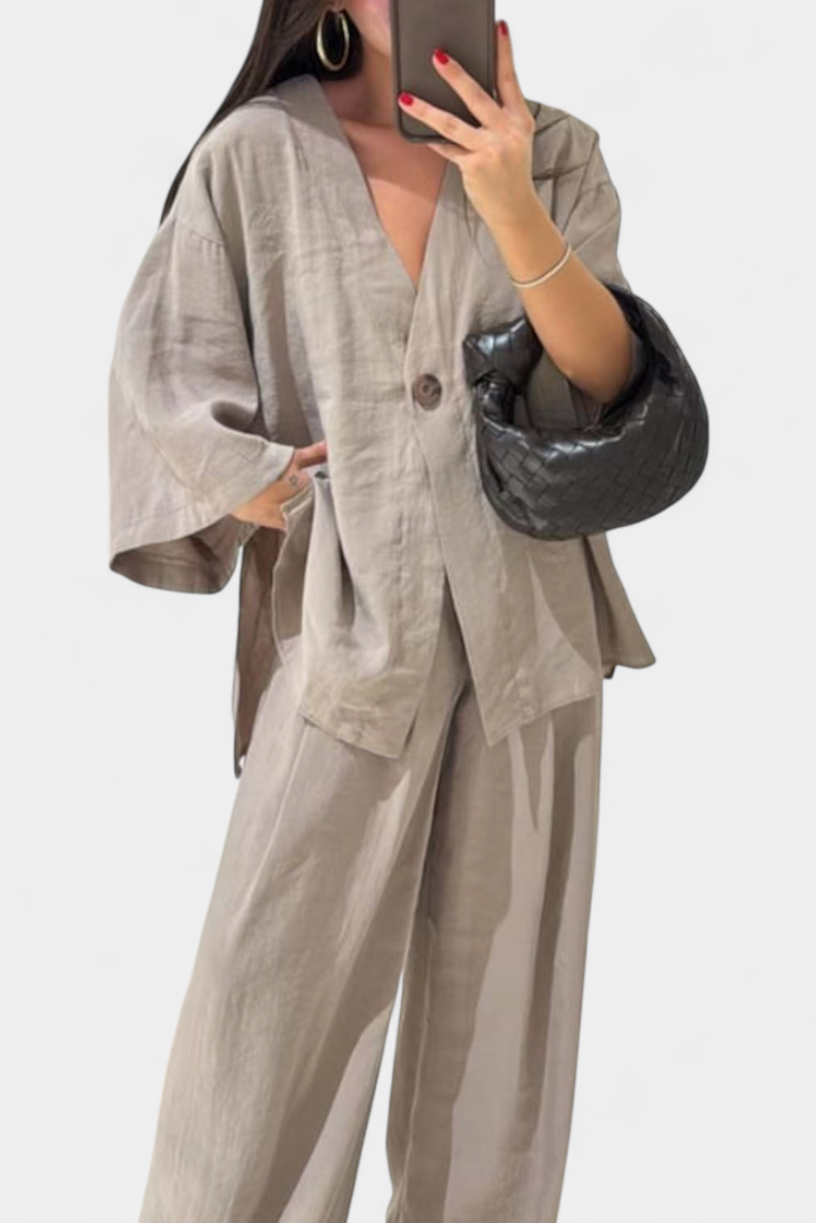 Eli Oversize V-Neck Top with Straight Trousers Set