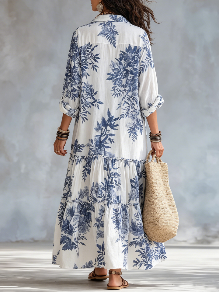 Robe longue à boutons, imprimé floral bleu bohème
