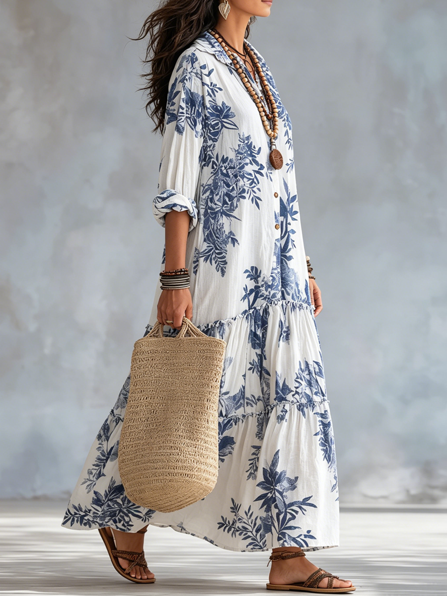 Robe longue à boutons, imprimé floral bleu bohème