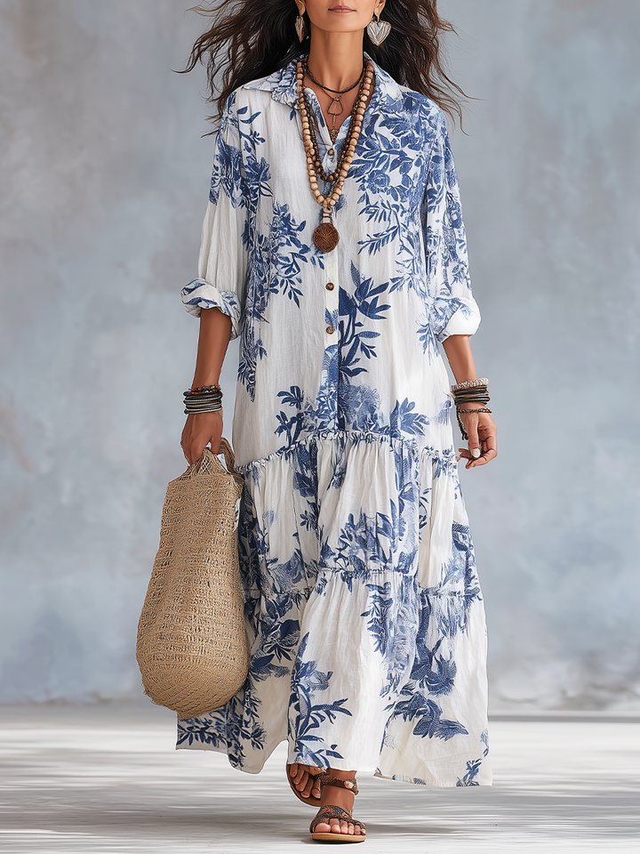 Robe longue à boutons, imprimé floral bleu bohème