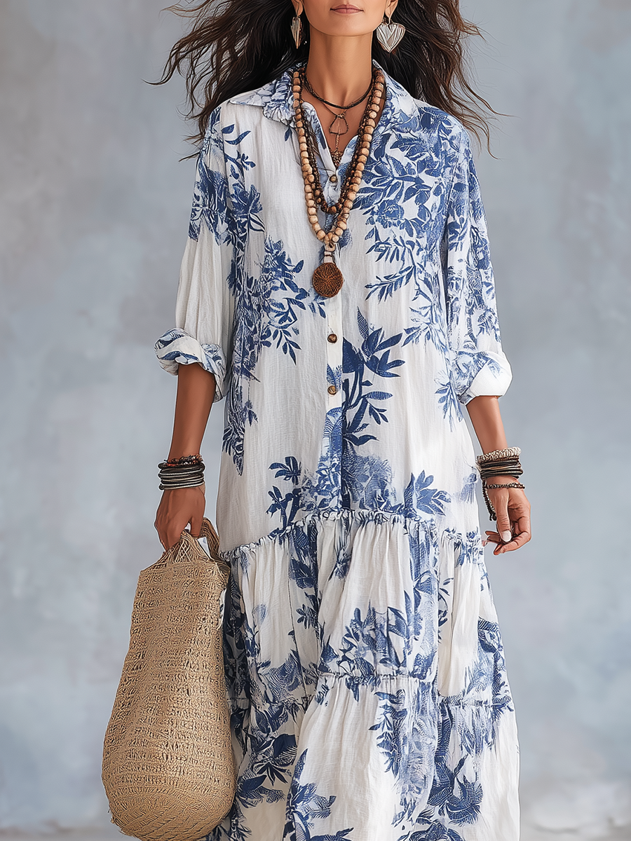 Robe longue à boutons, imprimé floral bleu bohème