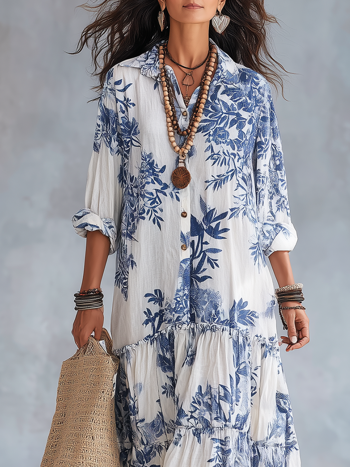 Robe longue à boutons, imprimé floral bleu bohème
