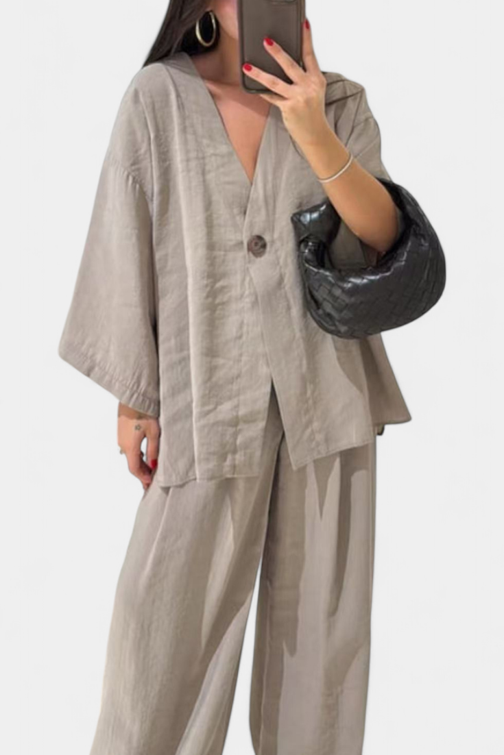 Eli Oversize V-Neck Top with Straight Trousers Set