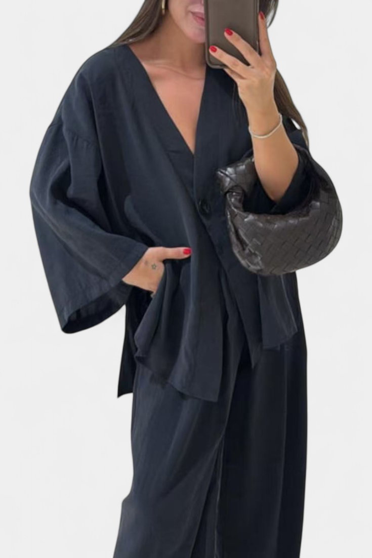 Eli Oversize V-Neck Top with Straight Trousers Set