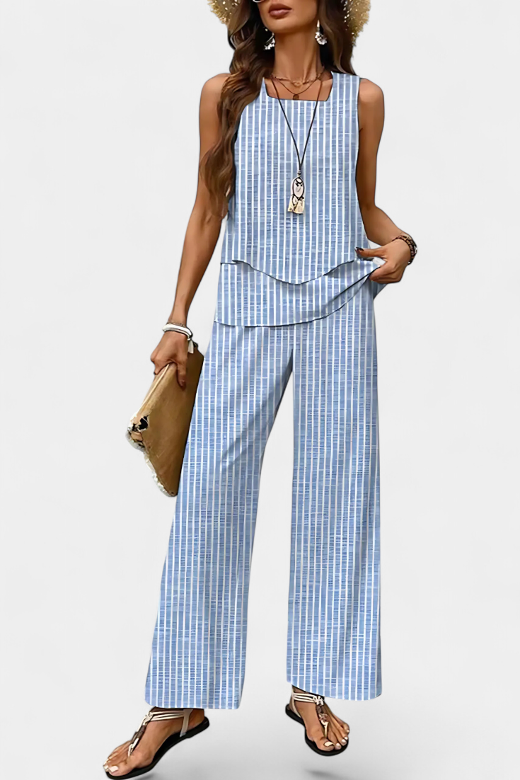 Martina Sleeveless Elegant Boho Set with Printed Straight Trousers (Ensemble boho élégant sans manches avec pantalon droit imprimé)