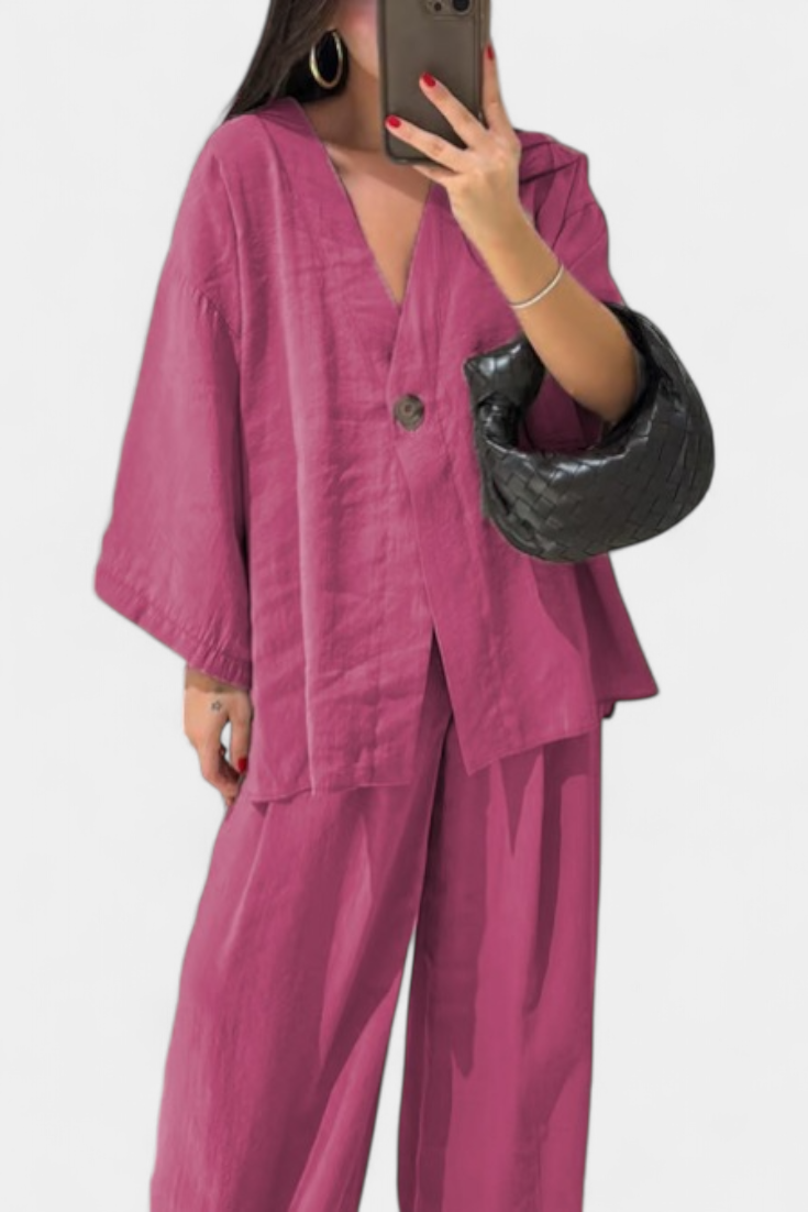 Eli Oversize V-Neck Top with Straight Trousers Set