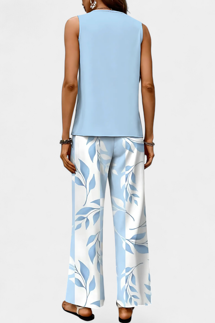 Martina Sleeveless Elegant Boho Set with Printed Straight Trousers (Ensemble boho élégant sans manches avec pantalon droit imprimé)