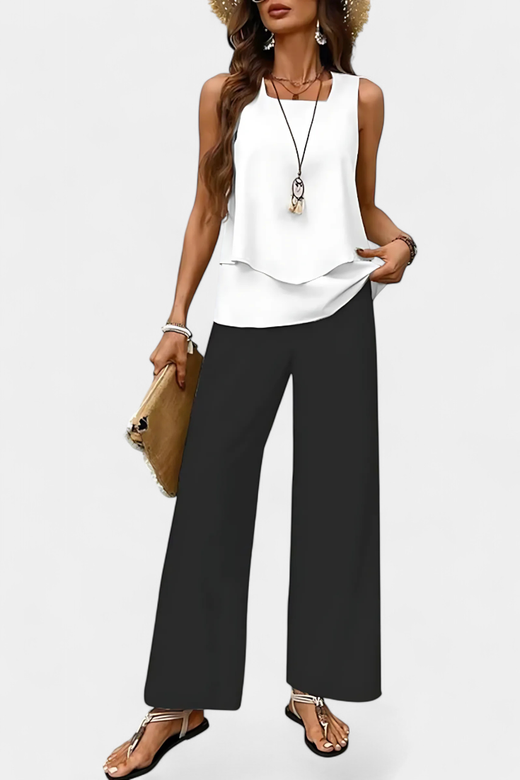 Martina Sleeveless Elegant Boho Set with Printed Straight Trousers (Ensemble boho élégant sans manches avec pantalon droit imprimé)