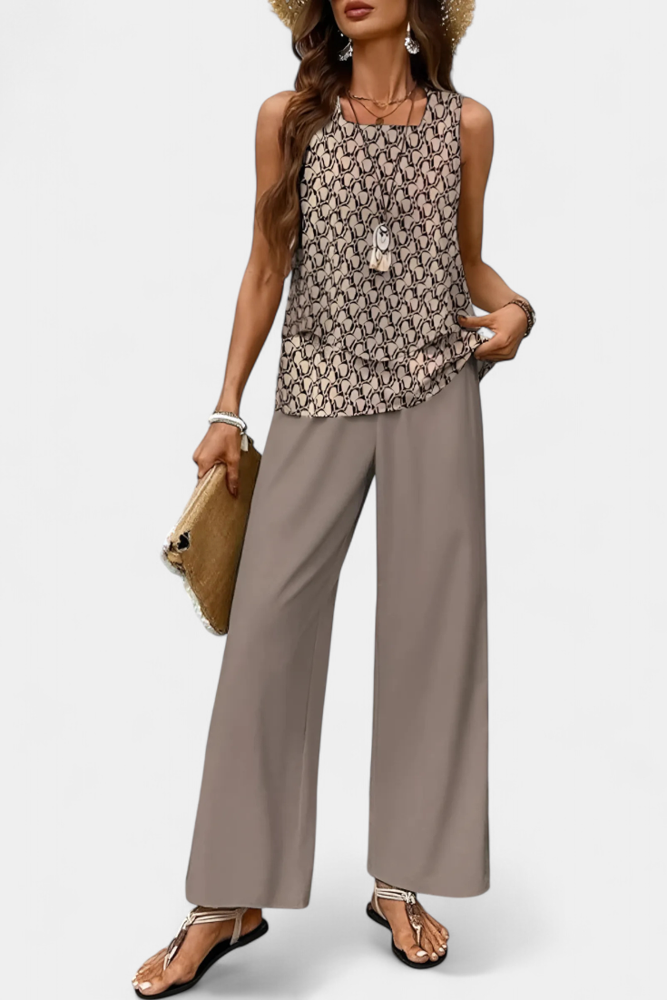 Martina Sleeveless Elegant Boho Set with Printed Straight Trousers (Ensemble boho élégant sans manches avec pantalon droit imprimé)