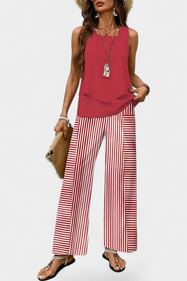 Martina Sleeveless Elegant Boho Set with Printed Straight Trousers (Ensemble boho élégant sans manches avec pantalon droit imprimé)