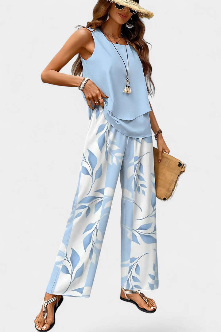 Martina Sleeveless Elegant Boho Set with Printed Straight Trousers (Ensemble boho élégant sans manches avec pantalon droit imprimé)