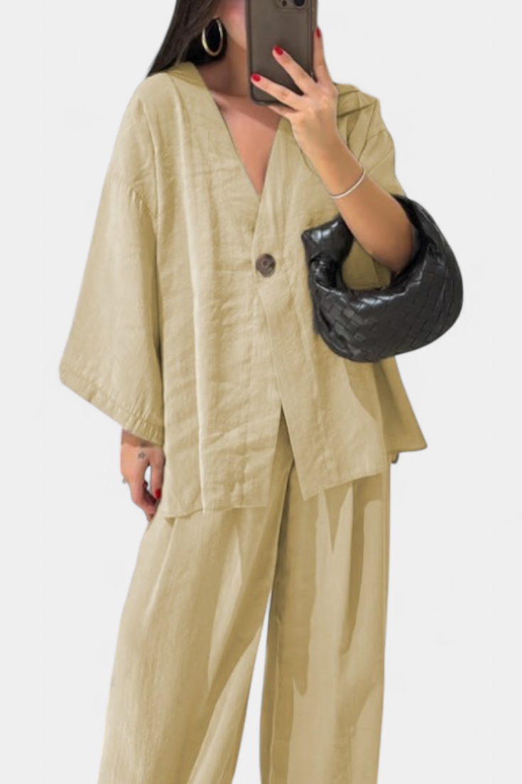 Eli Oversize V-Neck Top with Straight Trousers Set