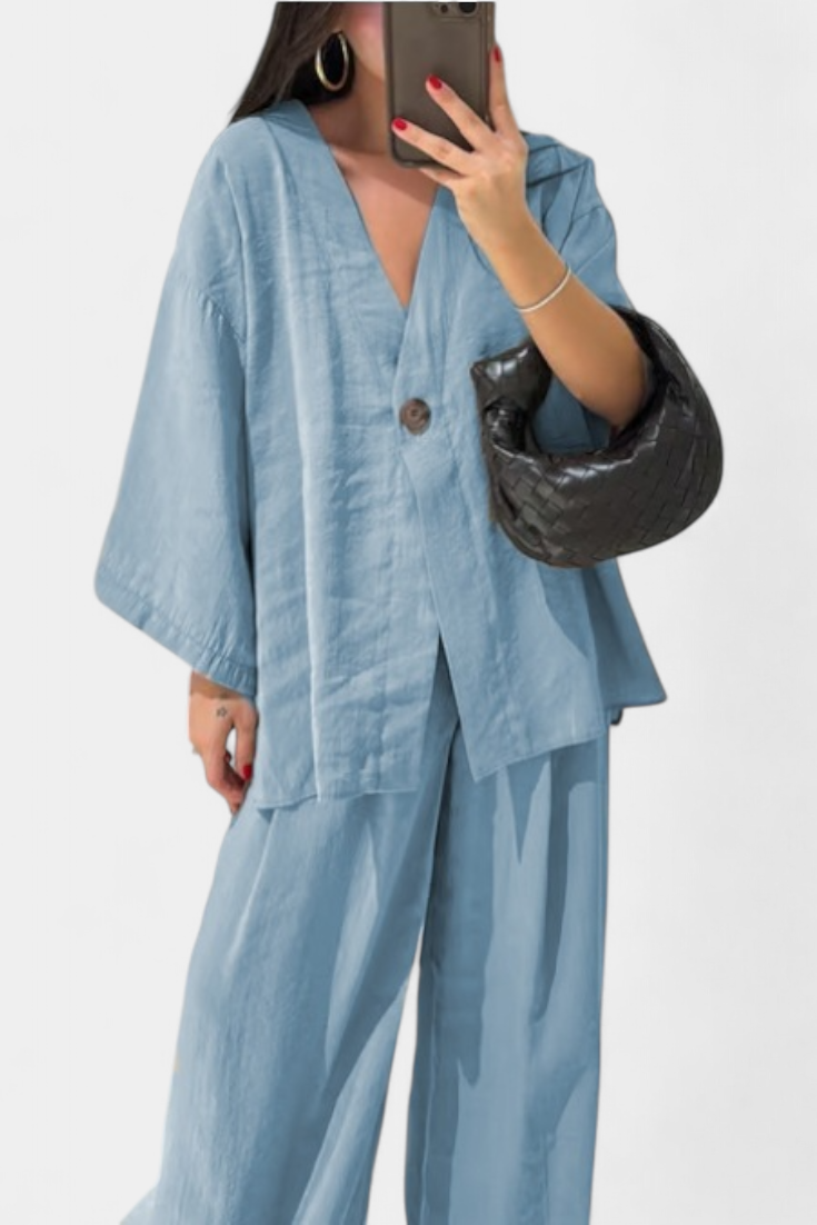 Eli Oversize V-Neck Top with Straight Trousers Set