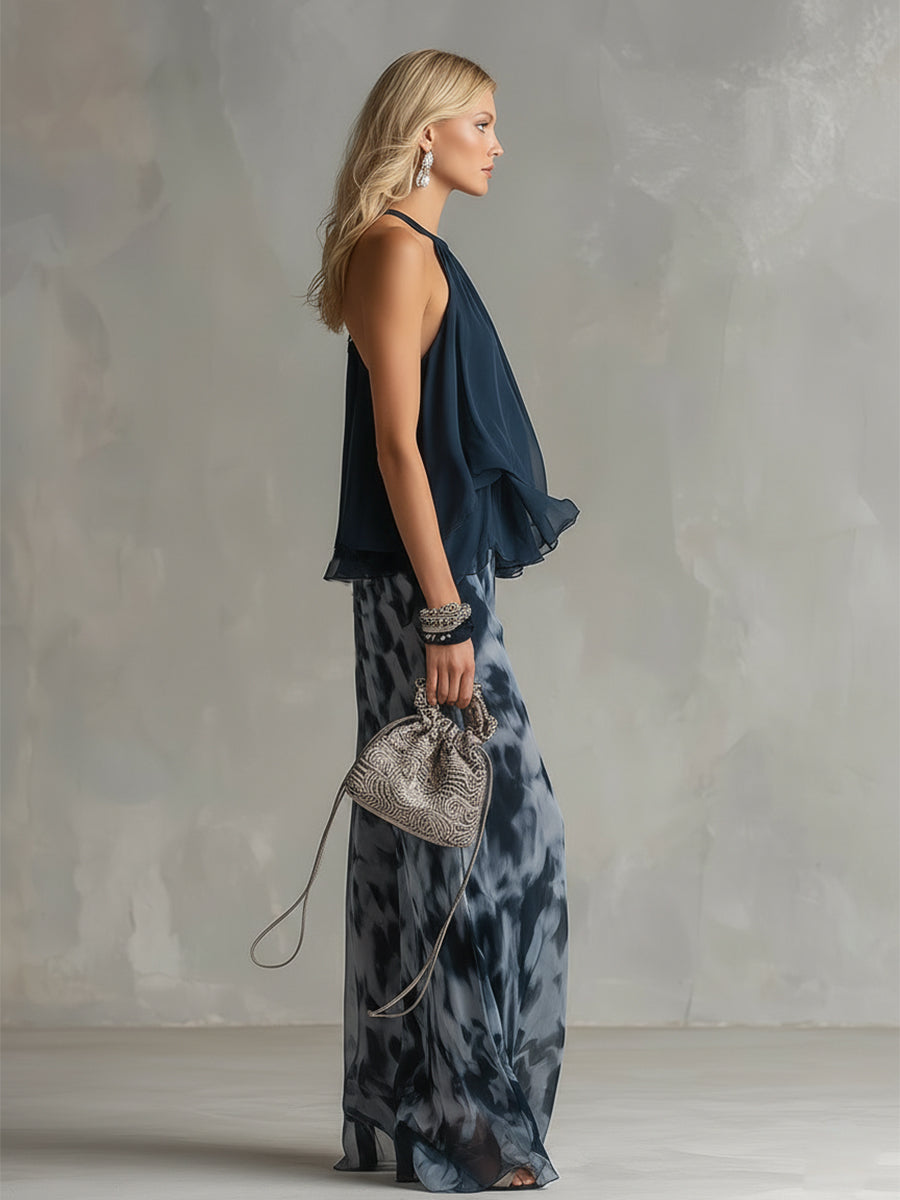 Ludovica : un ensemble élégant en mousseline de soie avec un haut à encolure haute et un pantalon large imprimé