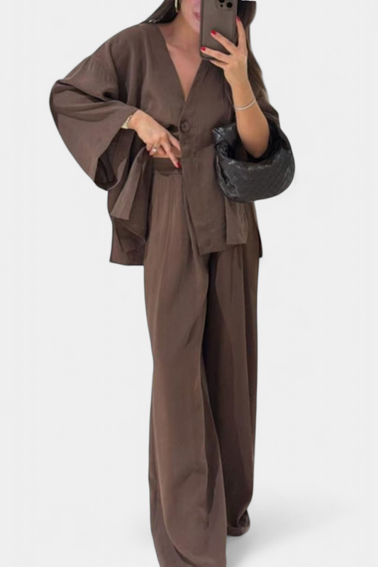 Eli Oversize V-Neck Top with Straight Trousers Set