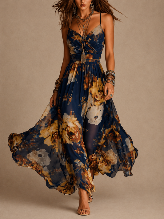 Dulce - robe longue à fleurs avec bretelles