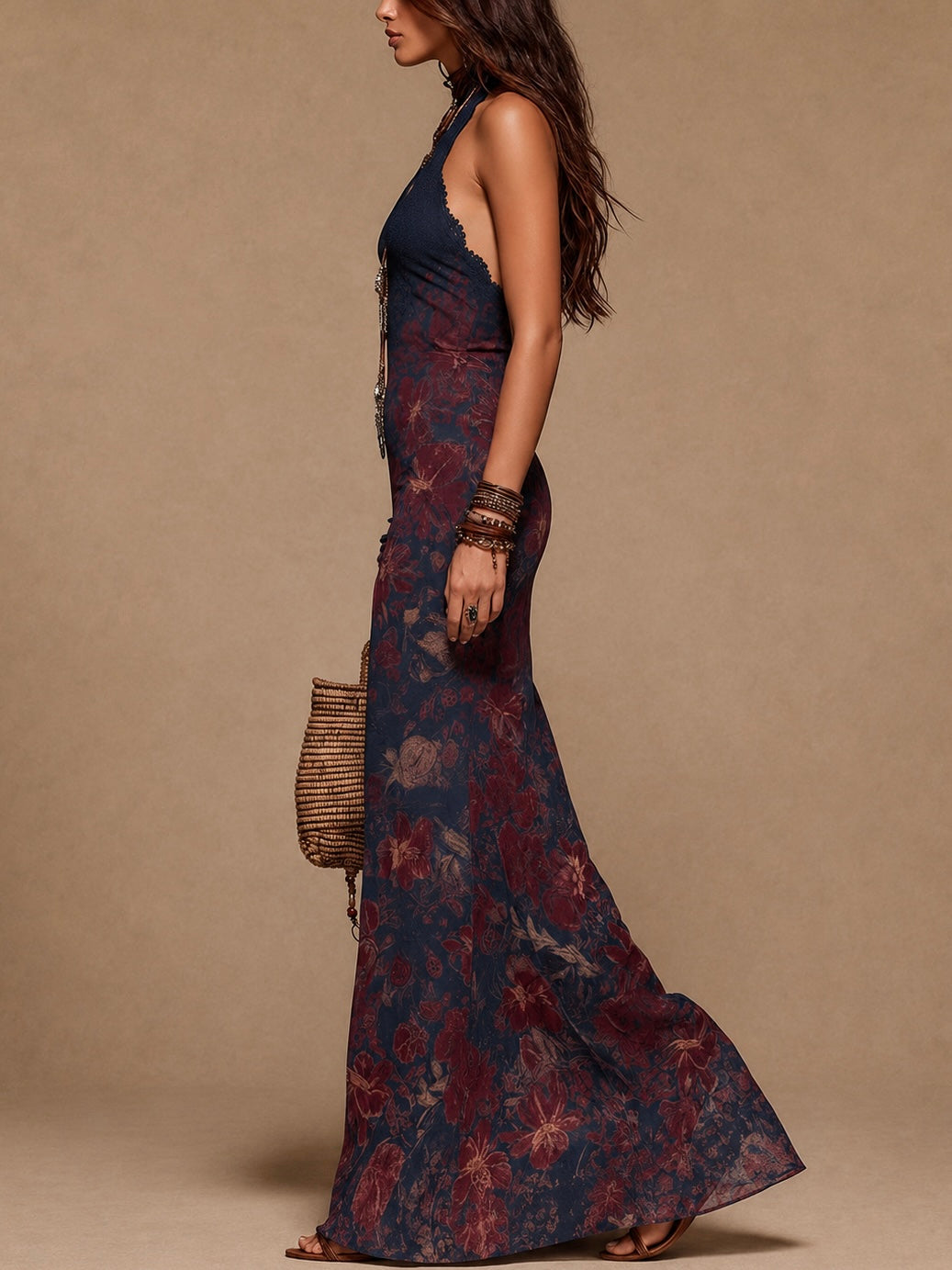 Lía - Robe longue à fleurs, avec de la dentelle et une coupe sirène