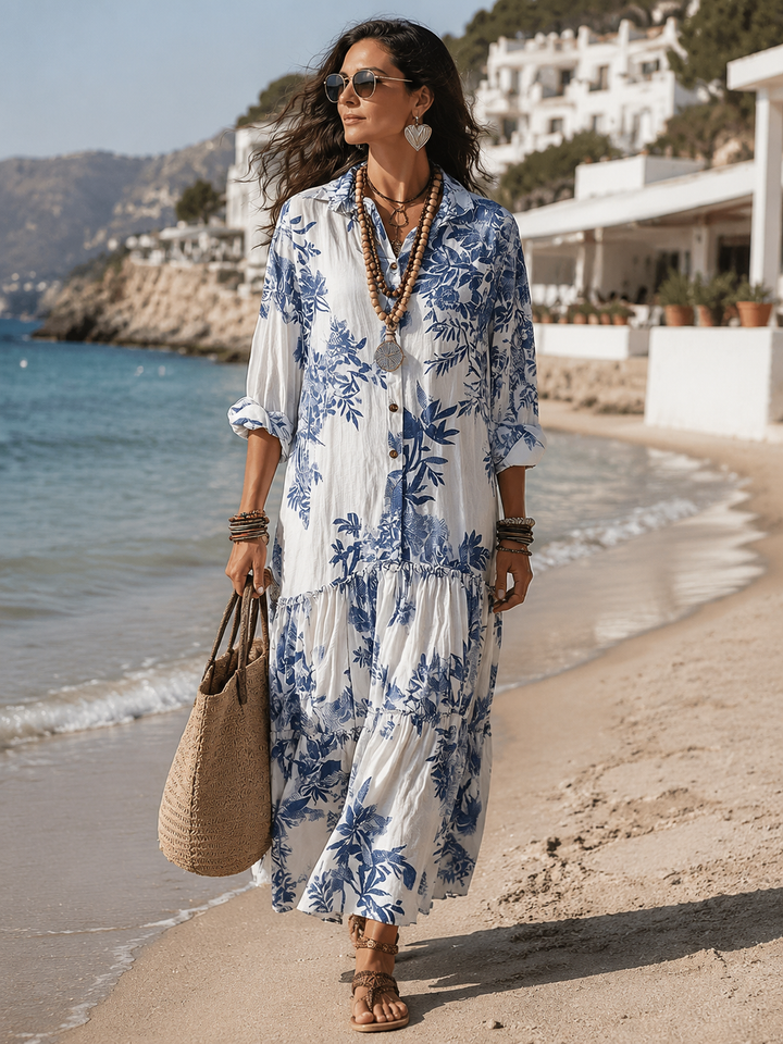 Robe longue à boutons, imprimé floral bleu bohème