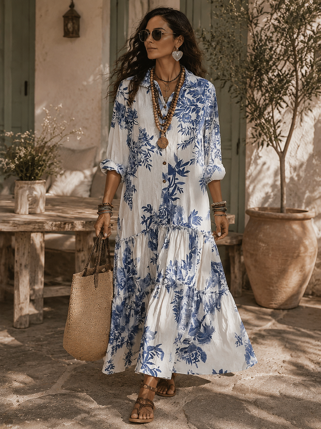 Robe longue à boutons, imprimé floral bleu bohème