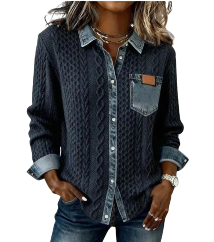Isabel™ | Top en tricot avec détails en denim et motifs patchwork