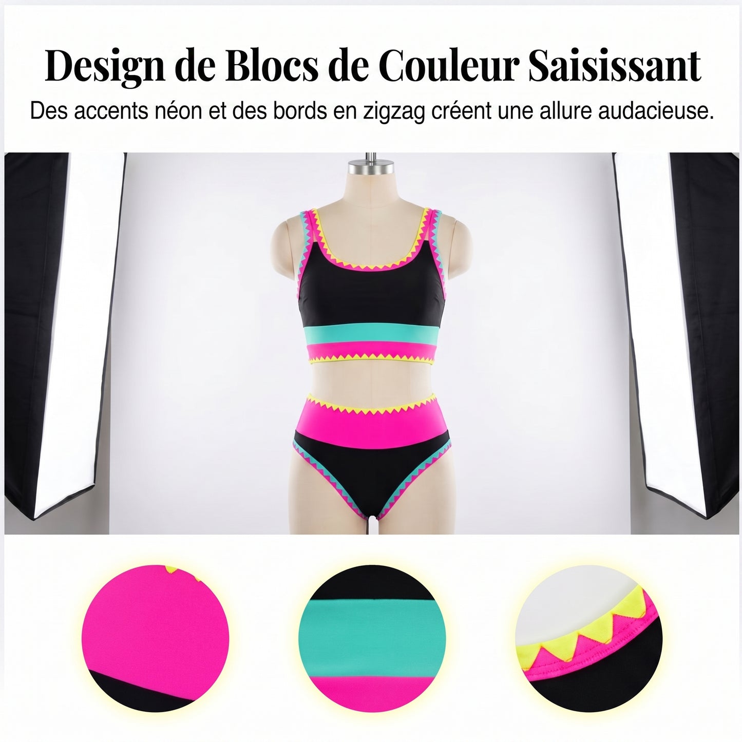 👙🌊 Ensemble bikini 3 pièces pour femme – Taille haute, motif color-block et zigzag, idéal pour la plage et les vacances