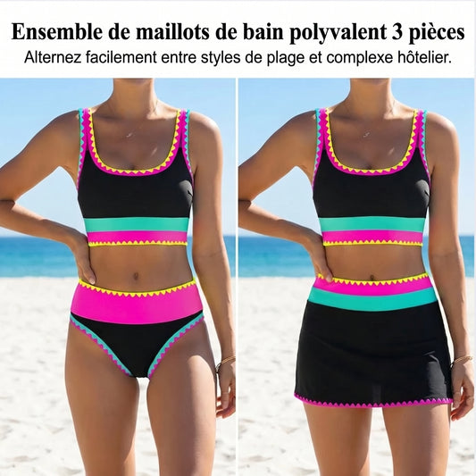 👙🌊 Ensemble bikini 3 pièces pour femme – Taille haute, motif color-block et zigzag, idéal pour la plage et les vacances