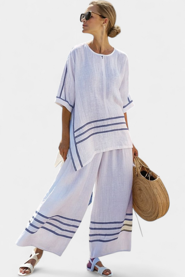 Rose™ | Top asymétrique à rayures raffinées et pantalon.