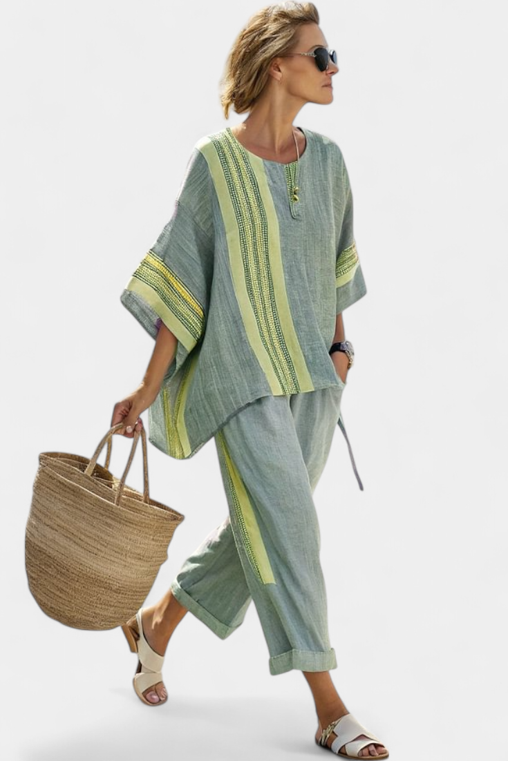 Linda™ | Top lavande stylé et pantalon rayé moutarde