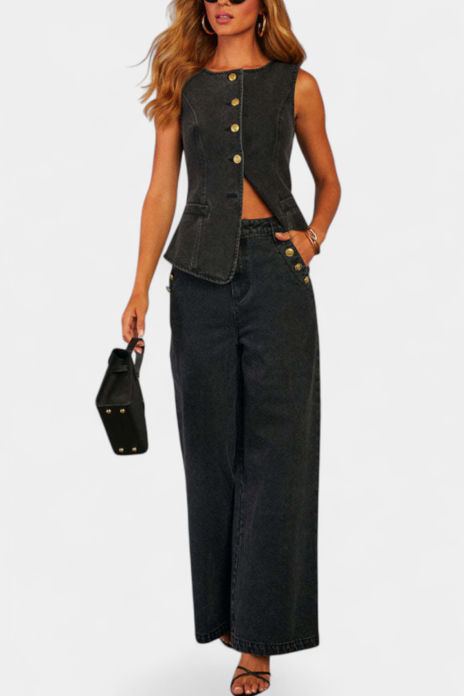 Ensemble en denim Ludovica avec gilet ajusté et jeans à jambe large