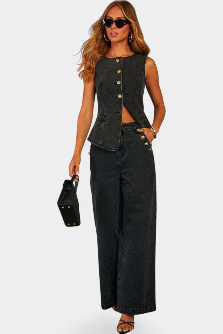 Ensemble en denim Ludovica avec gilet ajusté et jeans à jambe large