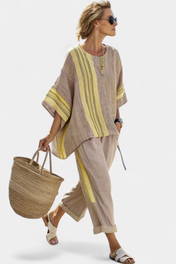 Linda™ | Top lavande stylé et pantalon rayé moutarde