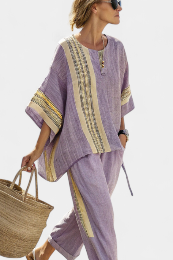 Linda™ | Top lavande stylé et pantalon rayé moutarde