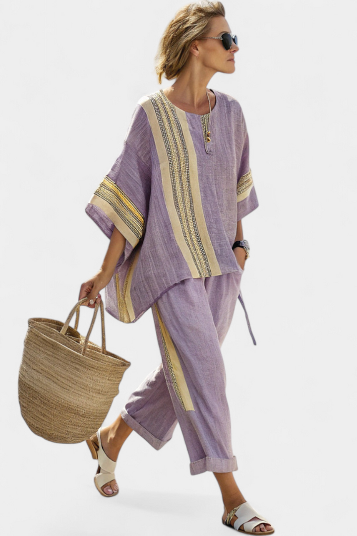 Linda™ | Top lavande stylé et pantalon rayé moutarde