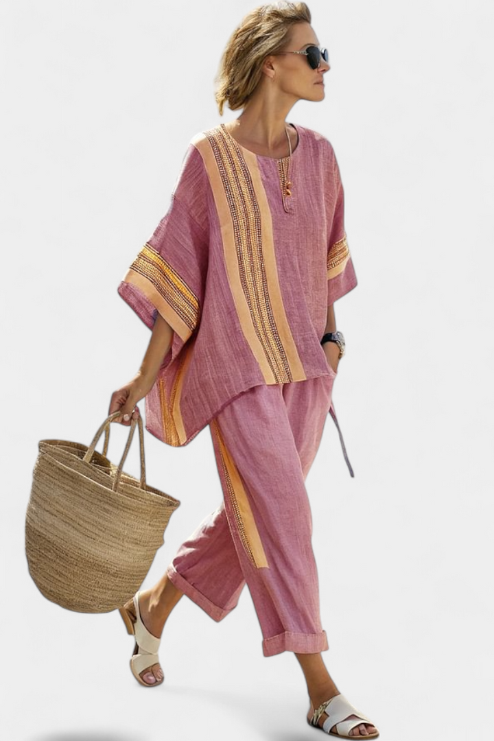 Linda™ | Top lavande stylé et pantalon rayé moutarde