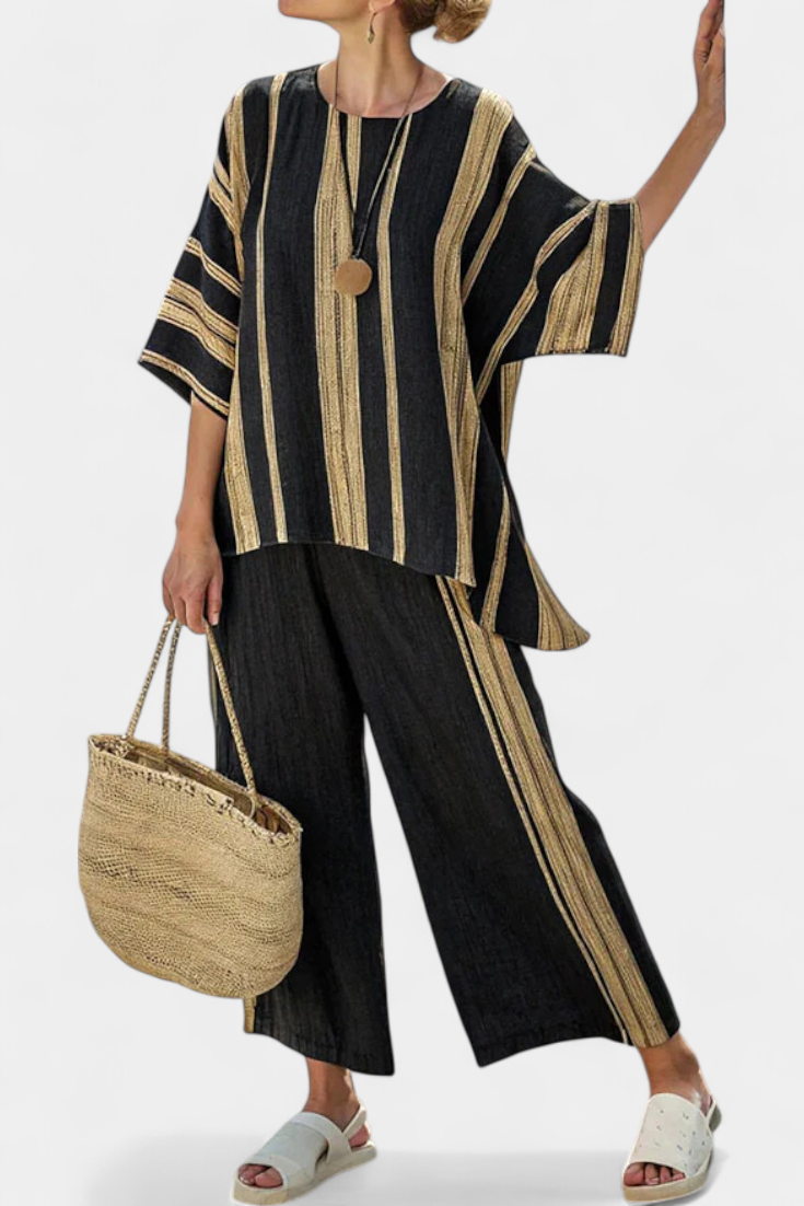 Isa™ | Confortable top rayé surdimensionné et pantalon large jambe en lin