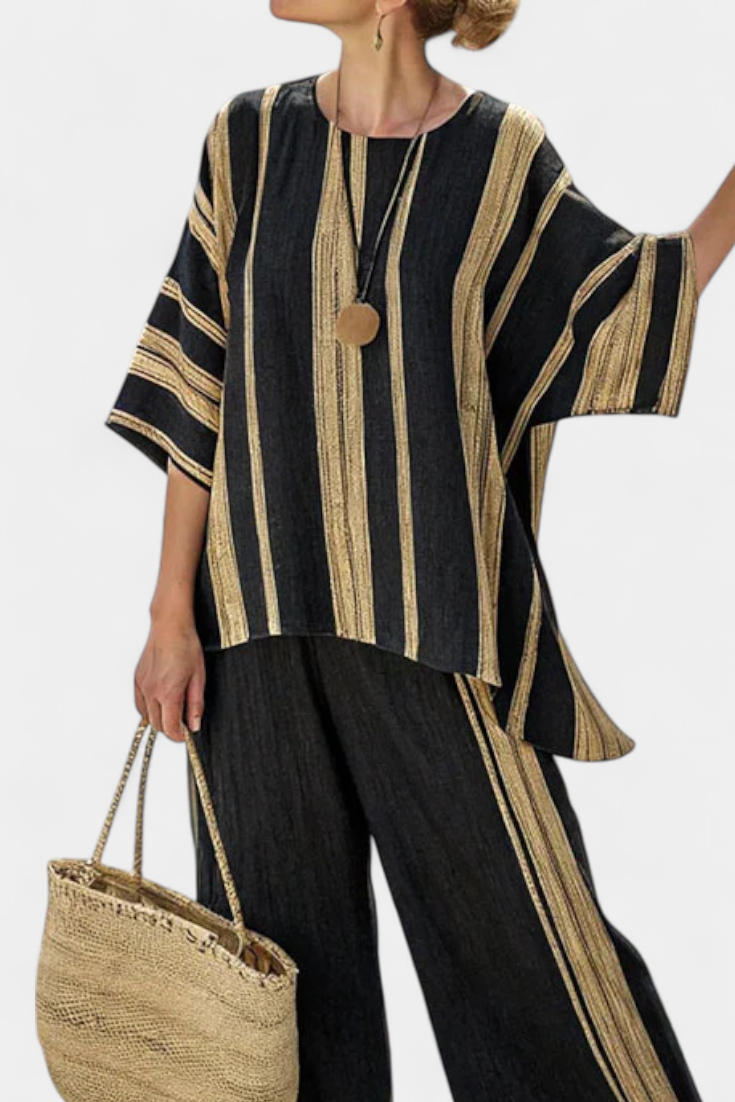 Isa™ | Confortable top rayé surdimensionné et pantalon large jambe en lin