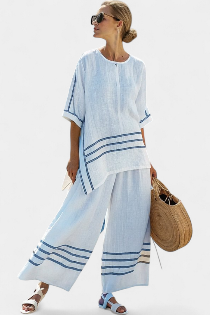 Rose™ | Top asymétrique à rayures raffinées et pantalon.
