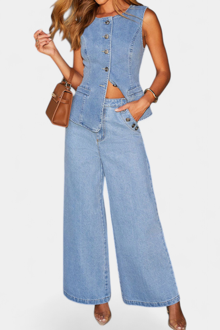Ensemble en denim Ludovica avec gilet ajusté et jeans à jambe large