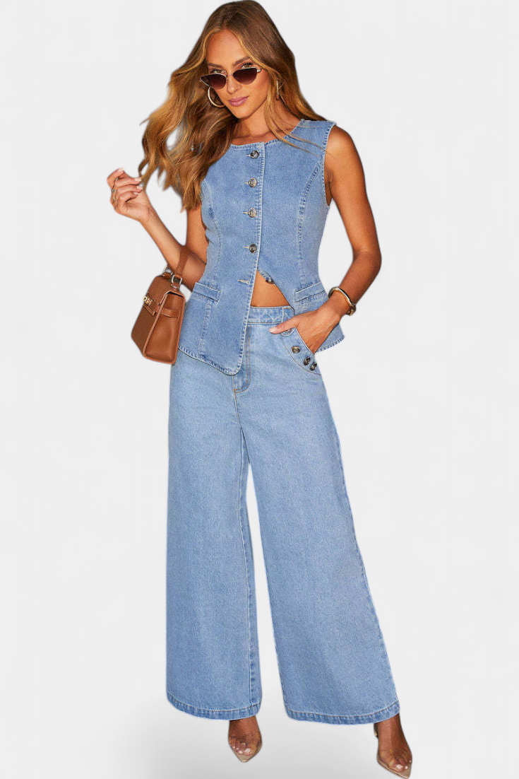 Ensemble en denim Ludovica avec gilet ajusté et jeans à jambe large