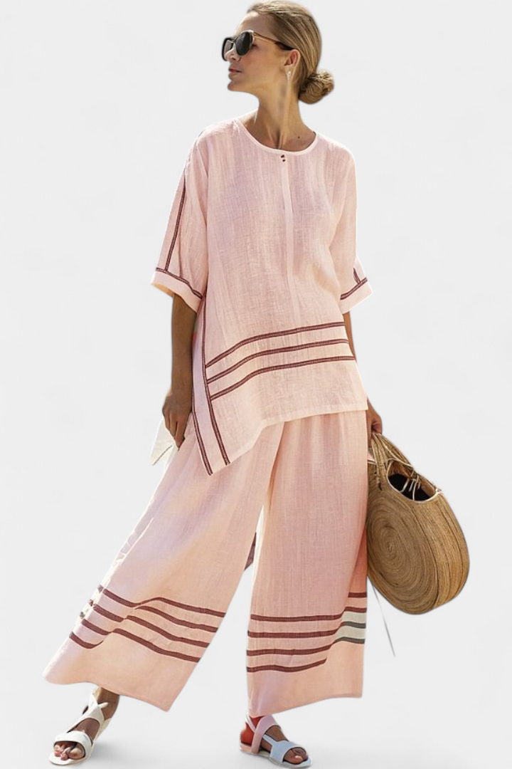 Rose™ | Top asymétrique à rayures raffinées et pantalon.