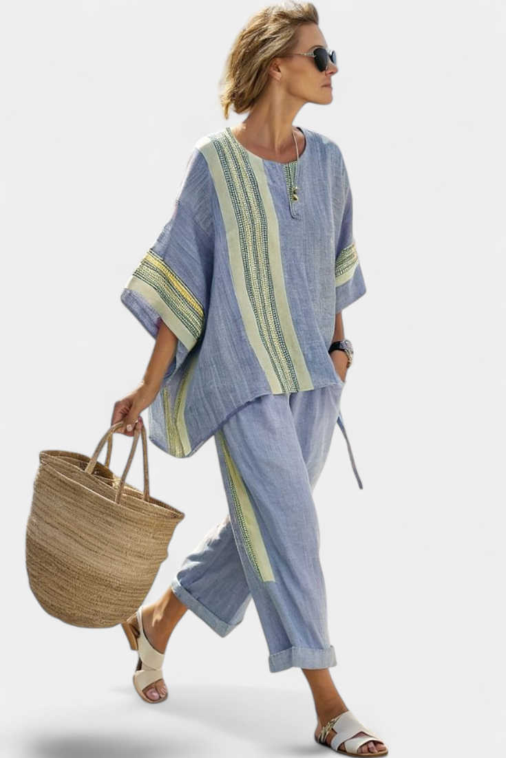 Linda™ | Top lavande stylé et pantalon rayé moutarde