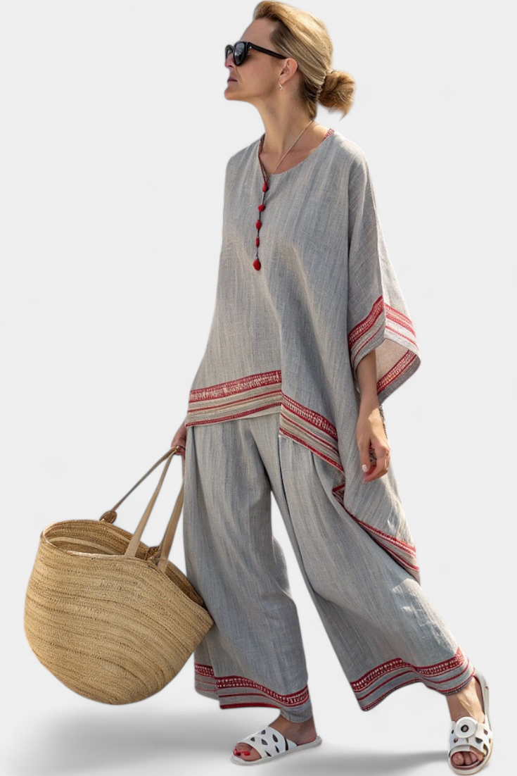 Eloddie™ | Blouse asymétrique raffinée et pantalon ethnique large.