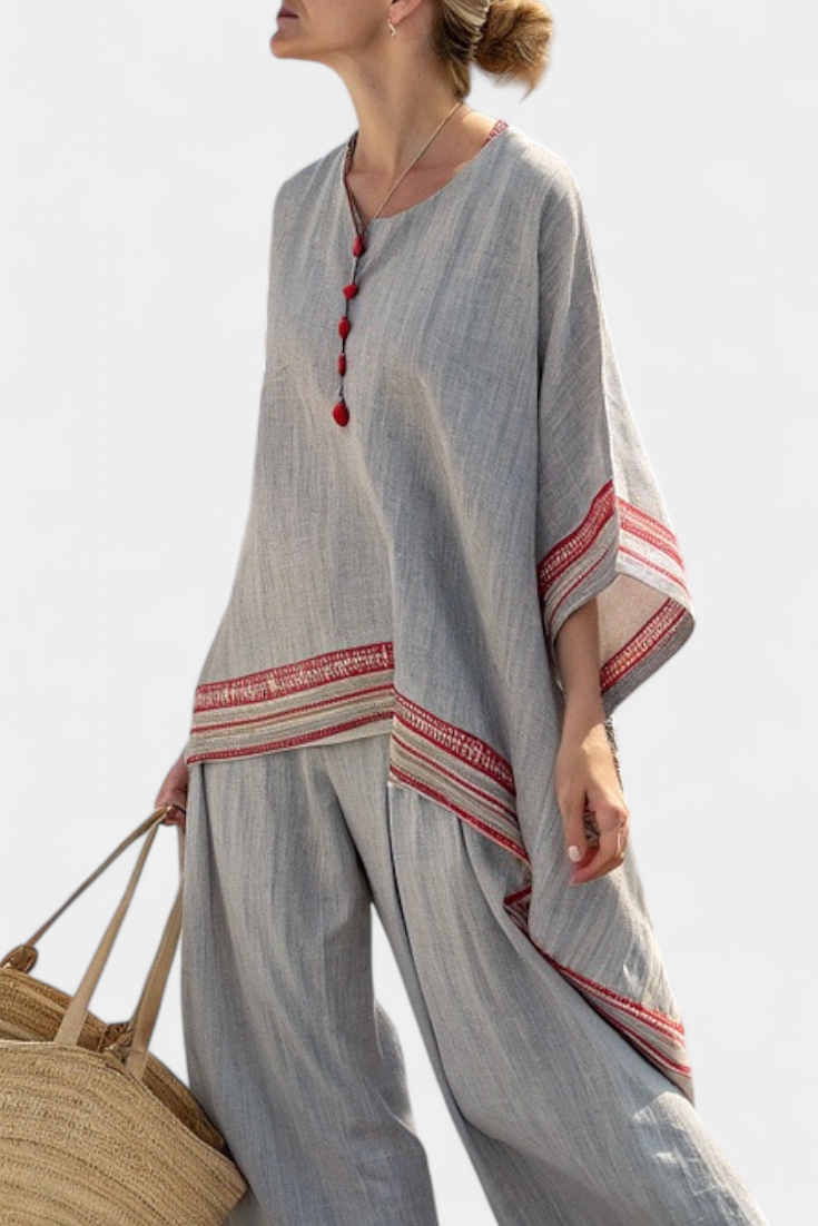 Eloddie™ | Blouse asymétrique raffinée et pantalon ethnique large.