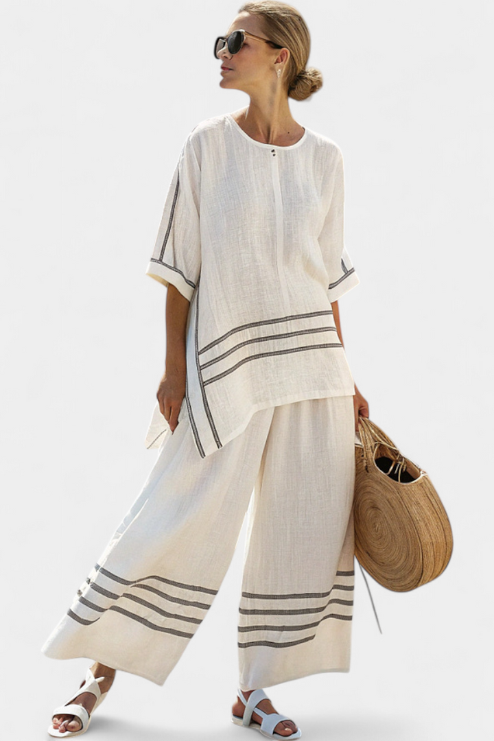 Rose™ | Top asymétrique à rayures raffinées et pantalon.