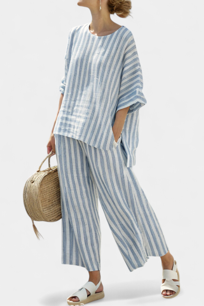 Umbria™ | Top en lin à rayures bleues raffinées et pantalon ample.