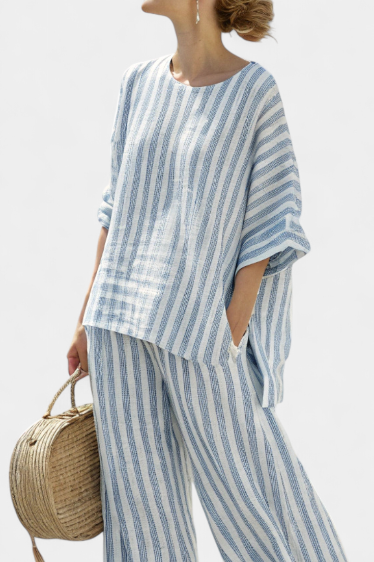 Umbria™ | Top en lin à rayures bleues raffinées et pantalon ample.