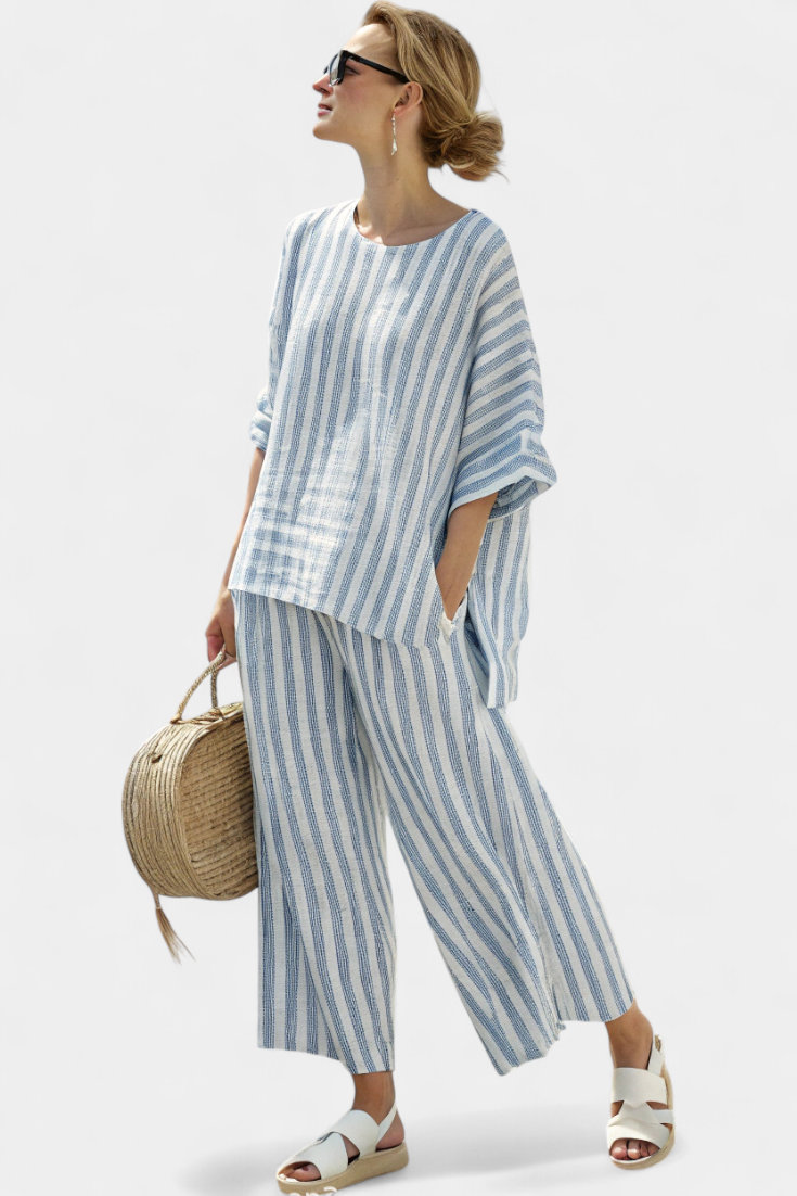 Umbria™ | Top en lin à rayures bleues raffinées et pantalon ample.