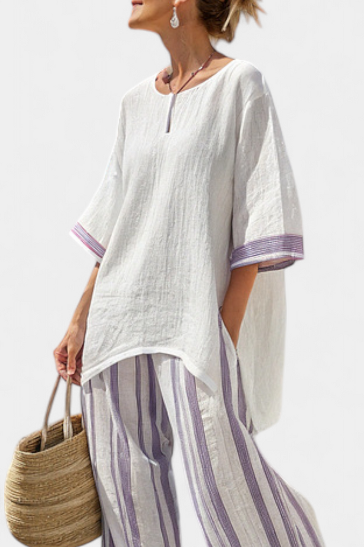 Evi™ : Blouse large confortable et pantalon rayé en bambou